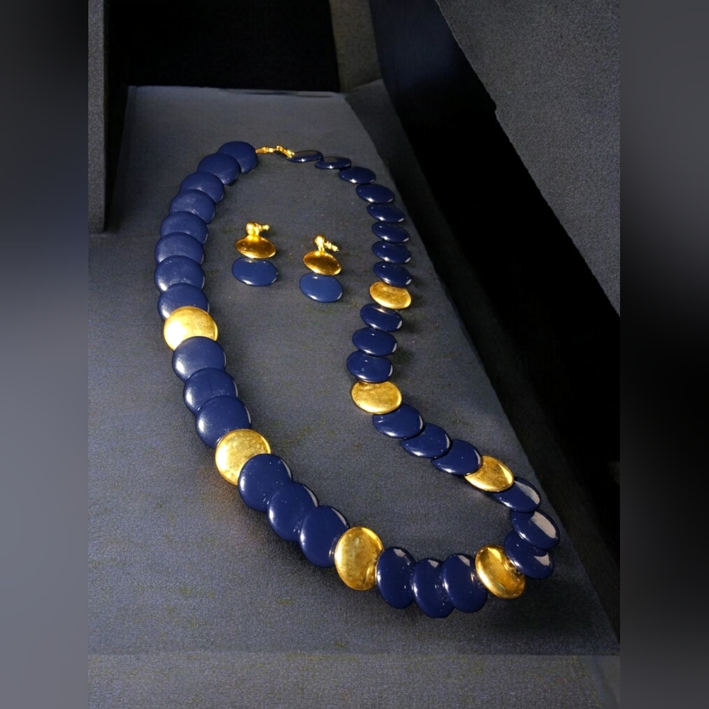 Vintage Japanese Navy Blue and Gold Necklace & Earring Set